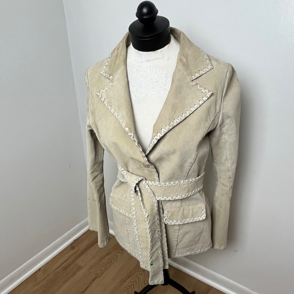 Vintage Y2K Wet Seal Tan Suede Zig Zag Whipstitch Belted Jacket Large Boho‎